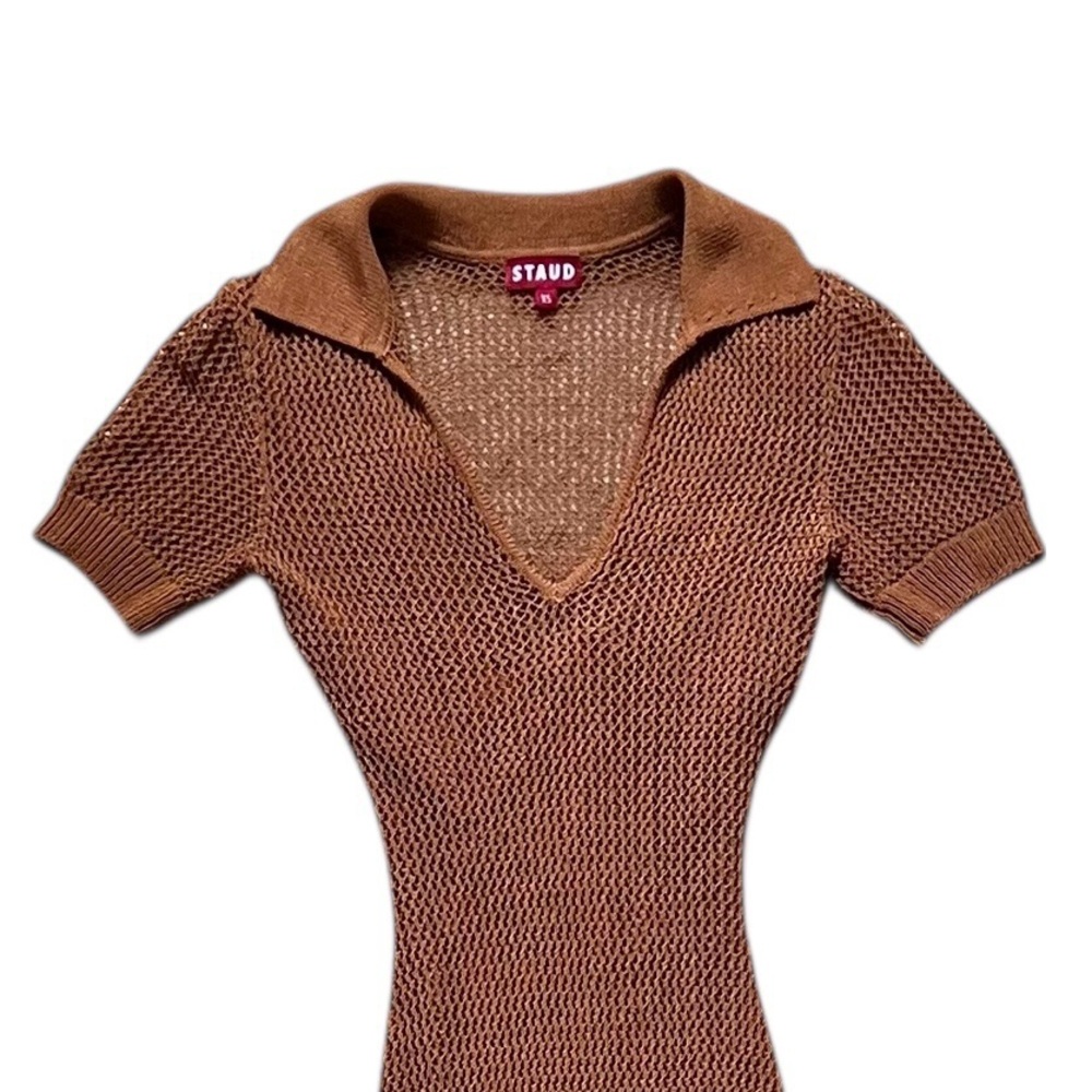 STAUD Brown Knit Polo-Collar Side Slit w/Slip Maxi Dress Size XS - Picture 2 of 5